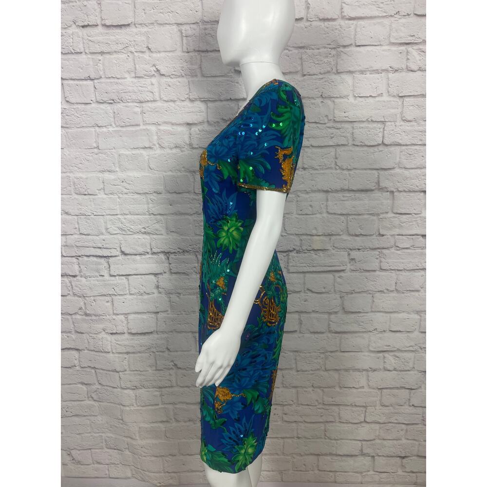 Vintage 1980s 100% Silk A.J. Bari Pattern Beaded and Sequins Dress - Picture 5 of 12